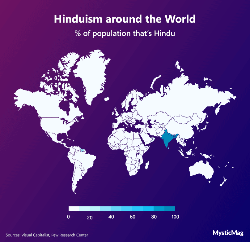 A world map showing each country's Hindu population.