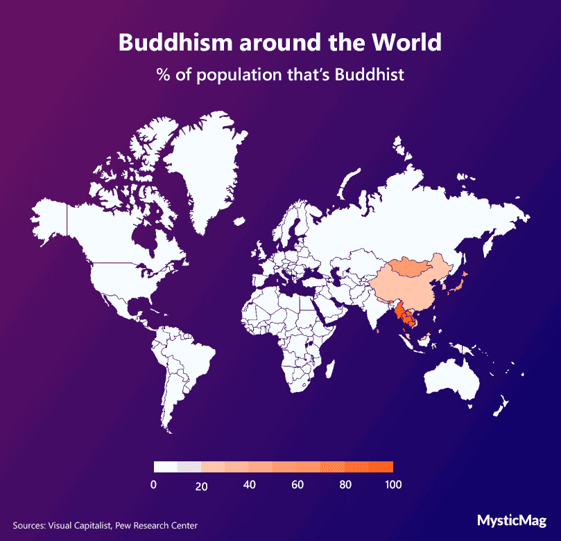 A world map showing each country's Buddhist population.